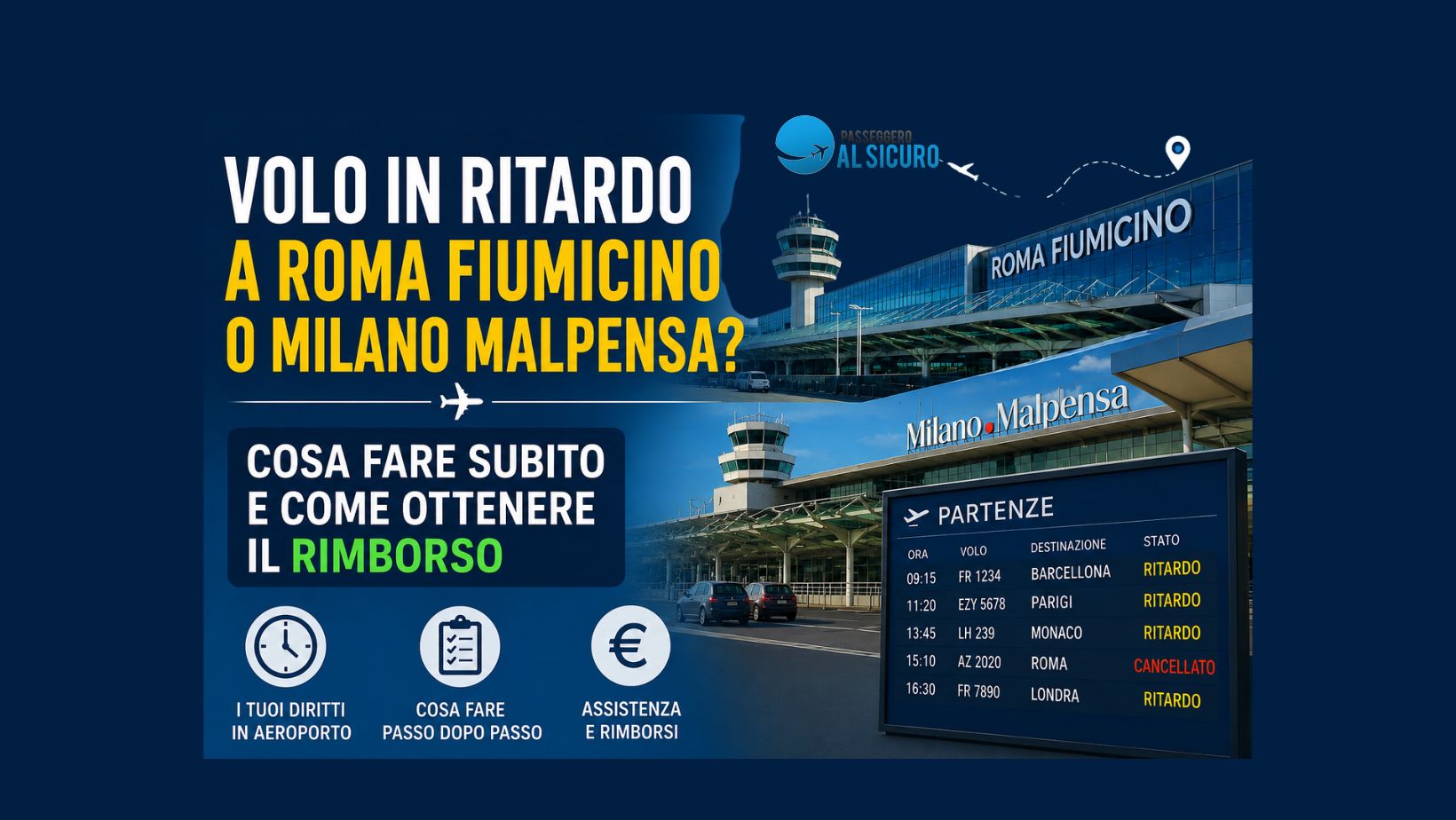 Volo in ritardo a Roma Fiumicino o Milano Malpensa? Cosa fare subito e come ottenere il rimborso